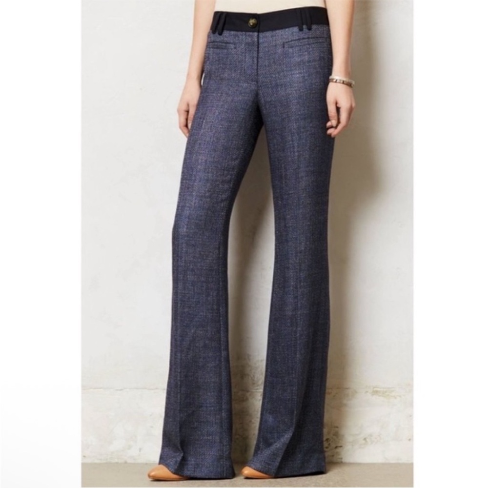 Anthropologie Women’s Stylish Tweed Effect Blue Flared Pants 2